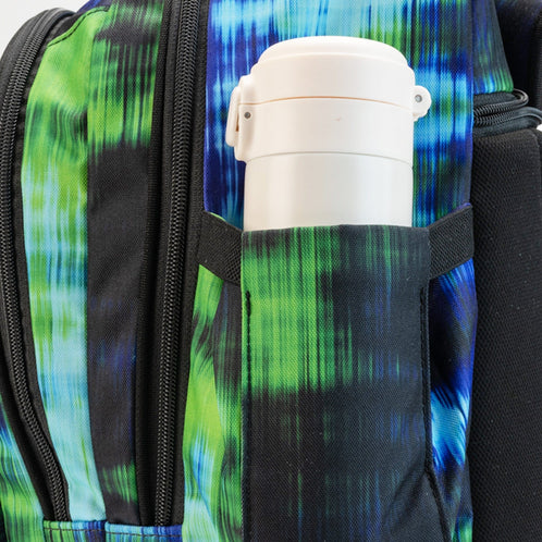 The close-up view of a Totem trolley school bag showing the side pocket holding a white water bottle.