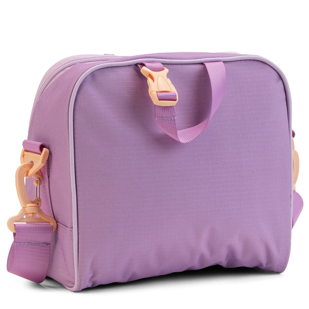 A three-quarter view of the lilac Totem insulated lunch bag with peach clips and an adjustable shoulder strap.