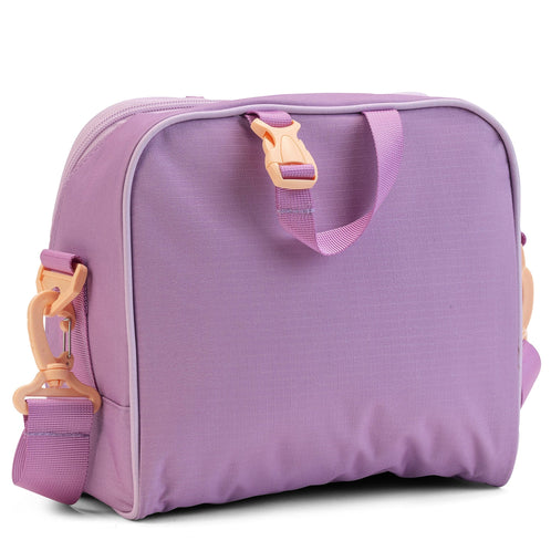 A rear three-quarter view of the lilac lunch bag showing the smooth back panel, top handle and side clips.