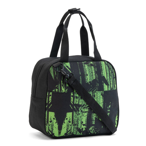 A black school lunch bag with neon-green graphic print, top handles and shoulder strap.