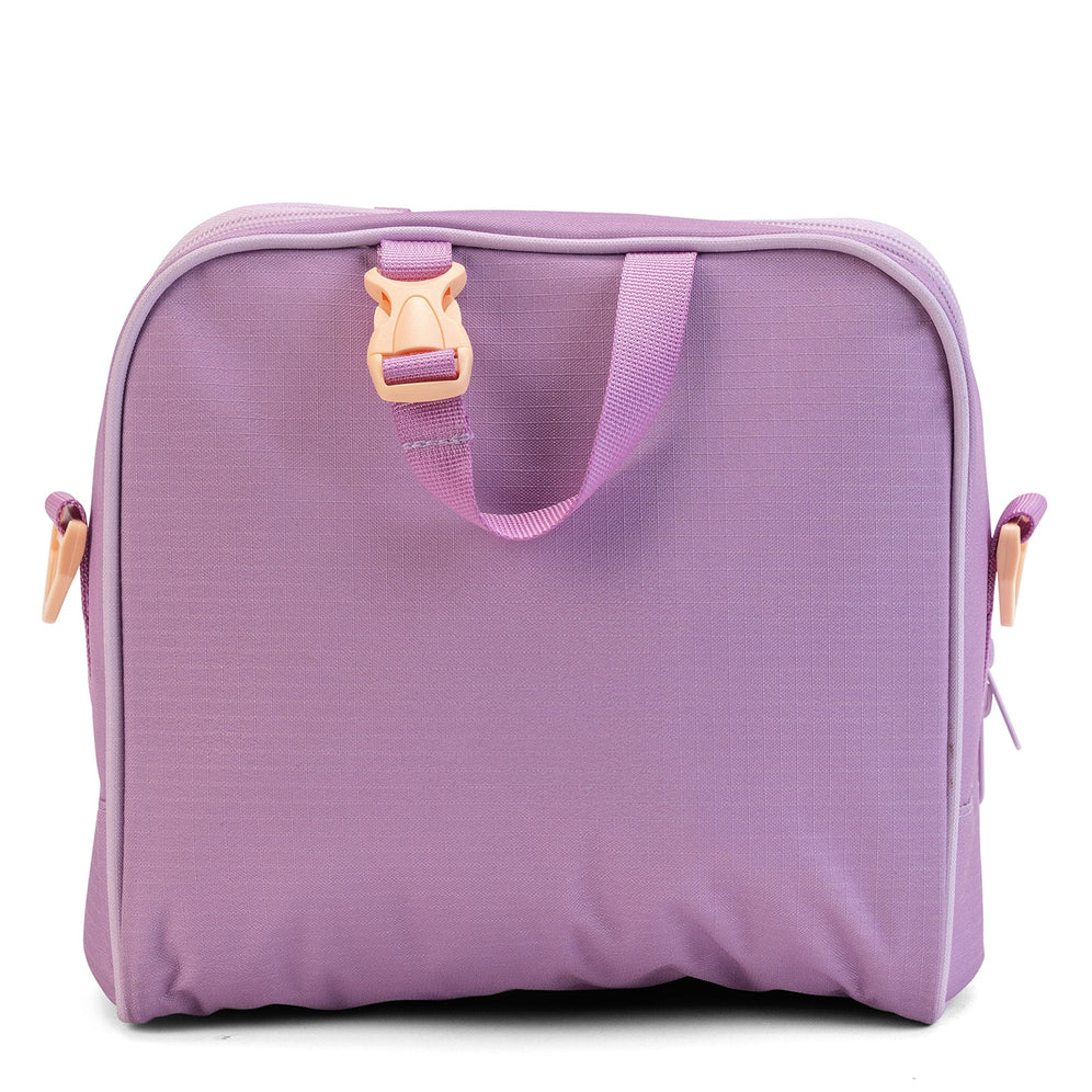 Rear view of the lilac Totem insulated lunch bag with a top carry handle and peach buckle detail.