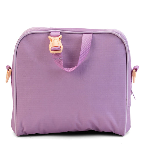 A rear view of the lilac insulated lunch bag featuring a top carry handle and peach zippers