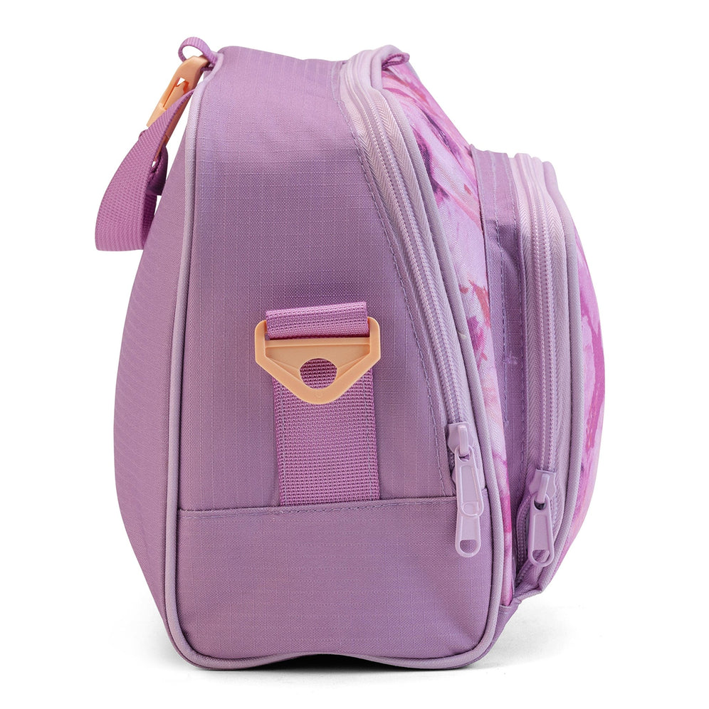 The side view of the lilac insulated lunch bag shows the peach clip, lilac strap detail and dual zip closures.