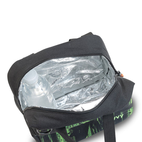 An insulated lunch bag interior with a silver lining and bottle space