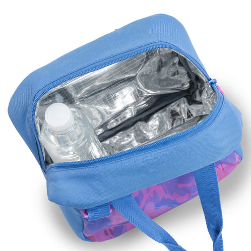 An interior view of a Savvy insulated lunch bag showing foil lining and bottle.