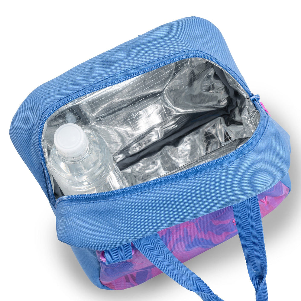 An interior view of a Savvy insulated lunch bag showing foil lining and bottle.