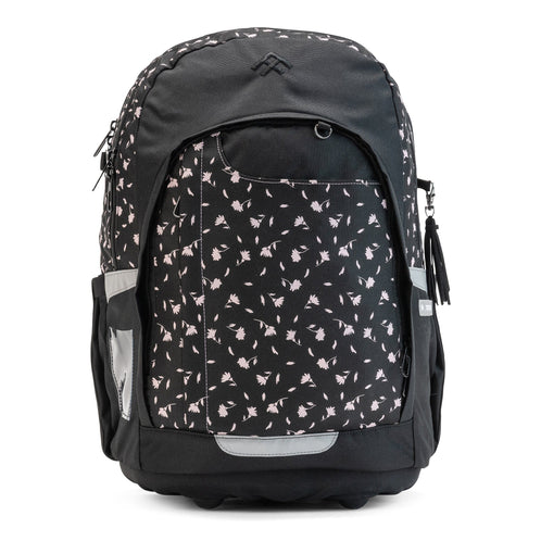 The front view of a black Totem floral school bag with reflective details, side pockets, and a top carry handle.