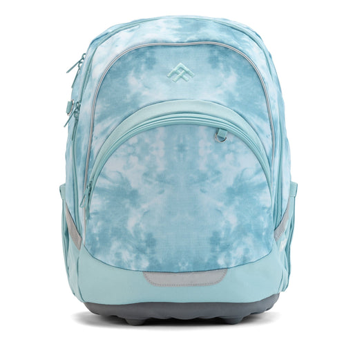 A front view of a turquoise ergonomic school bag with a large main compartment and front organiser pocket.