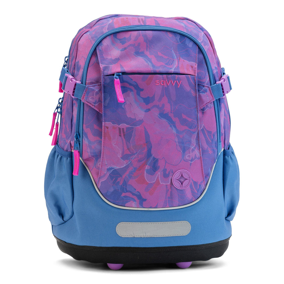 An angled view showing a roomy main zip and top handle on the floral-camo Savvy School bag.
