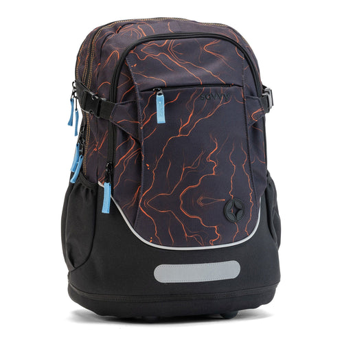 An angled Savvy School bag in dark charcoal with lava-orange pattern, grey reflector and blue accents.