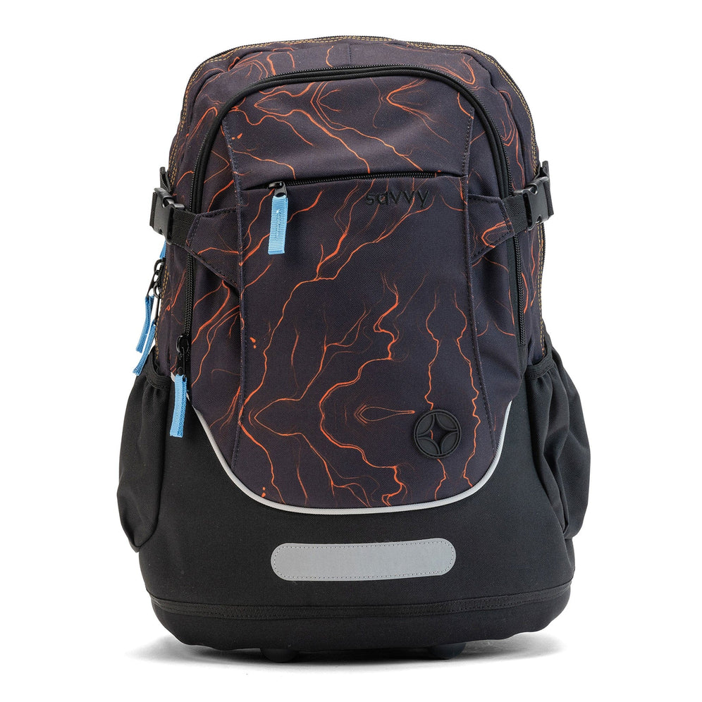 A charcoal Savvy School bag with lava-orange vein print, black base and pale-blue zip pulls.