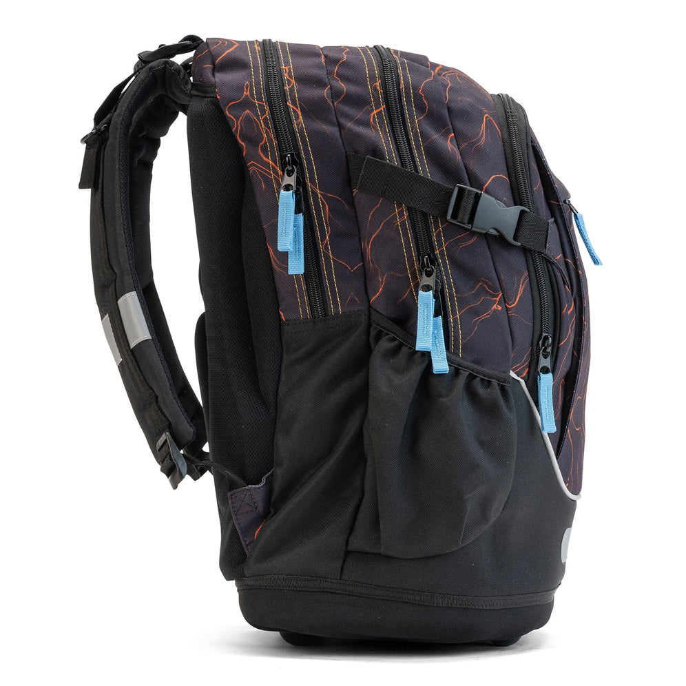 A side view of a Savvy school bag, charcoal with orange lines, triple zips and pale-blue pullers.