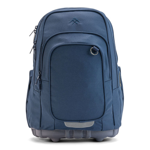A navy Totem ergonomic school backpack, front view with multi-zip compartments, a D-ring, reflective tab and moulded base.