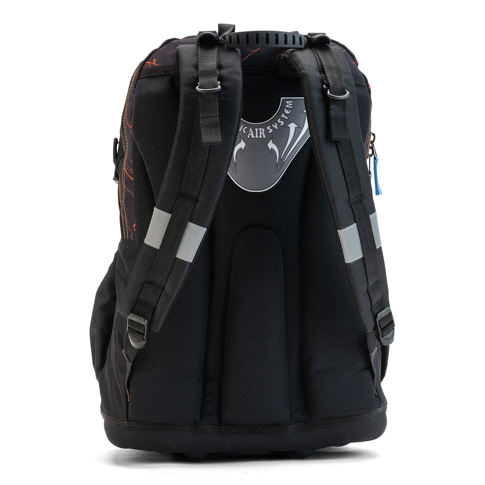 The rear view of a black Savvy school bag with contoured back padding, adjustable straps and reflective details.
