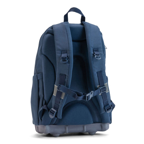 Back view of a navy Totem Bags ergonomic school bag with padded straps, sternum strap and airflow back panel.