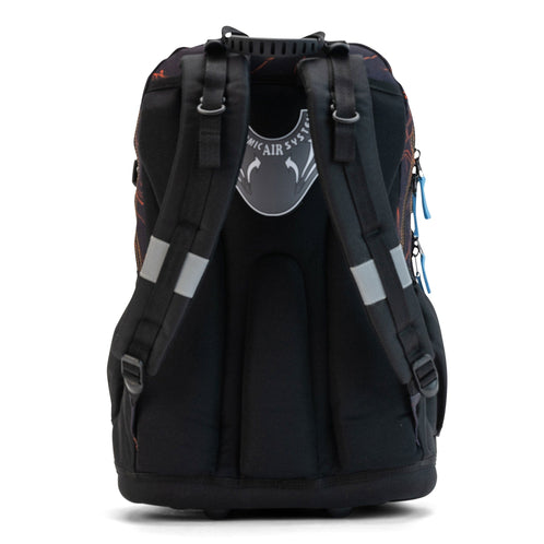A black ergonomic Savvy School backpack showing a padded back, twin straps and grey reflective bands.
