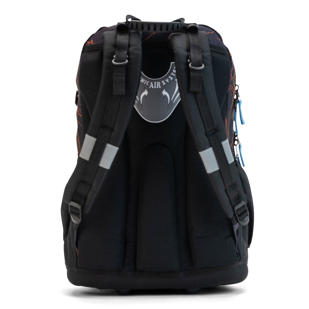 A black ergonomic Savvy School backpack showing a padded back, twin straps and grey reflective bands.