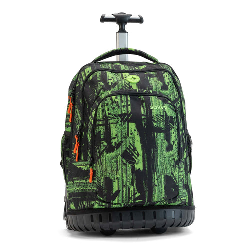 The front view of a black trolley bag with wheels in neon-green print with orange zip pulls and a telescopic handle.