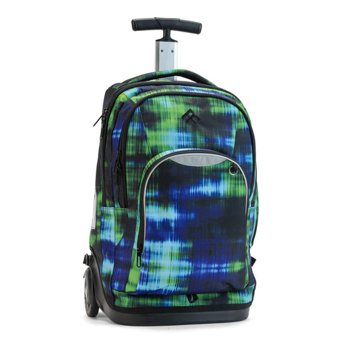 A three-quarter front view of a Totem trolley school bag with a blue and green streak pattern, with an extendable handle.