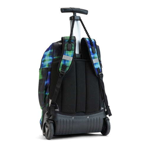 A rear-angle view of a Totem school bag with wheels, featuring a retractable handle and adjustable shoulder straps.