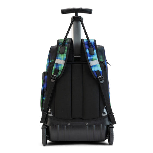 The rear view of a Totem trolley school bag with wheels, featuring a telescopic handle, and smooth rolling wheels