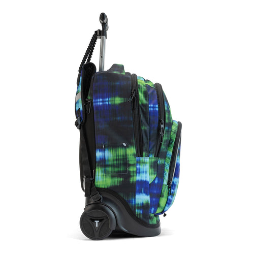 The side view of a blue and green Totem trolley school backpack featuring multiple compartments and durable rolling wheels.