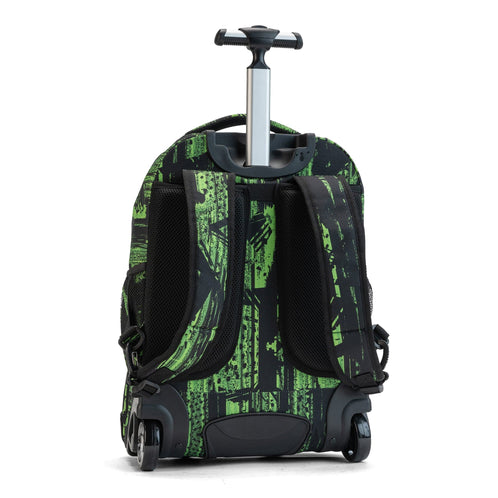 A rear view of a green-and-black school bag with wheels, showing padded straps and a telescopic handle.