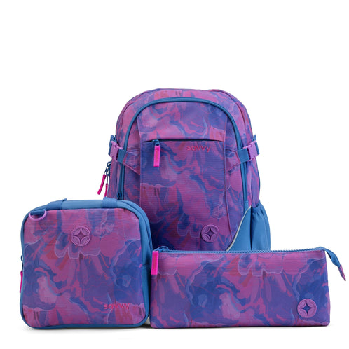 A school-day bundle featuring a Savvy School bag with matching lunch bags and stationery cases.