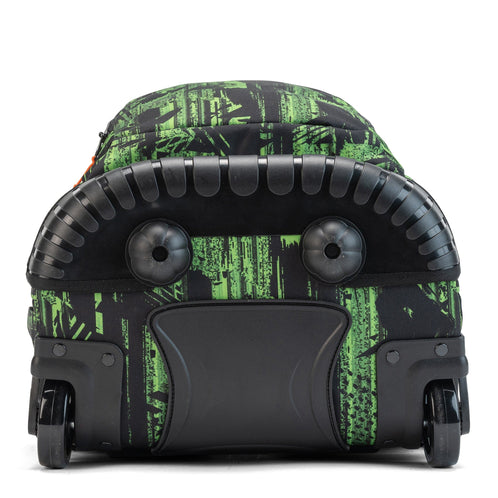 A rugged roller base with corner wheels and a protector plate on a green/black school bag with wheels.