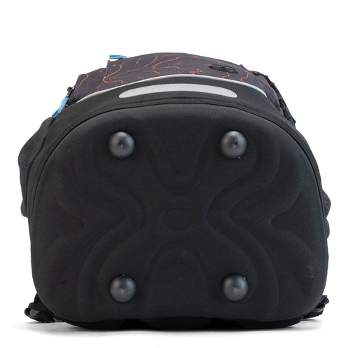 A black moulded base with four protective feet and a grey reflector on a School backpack.