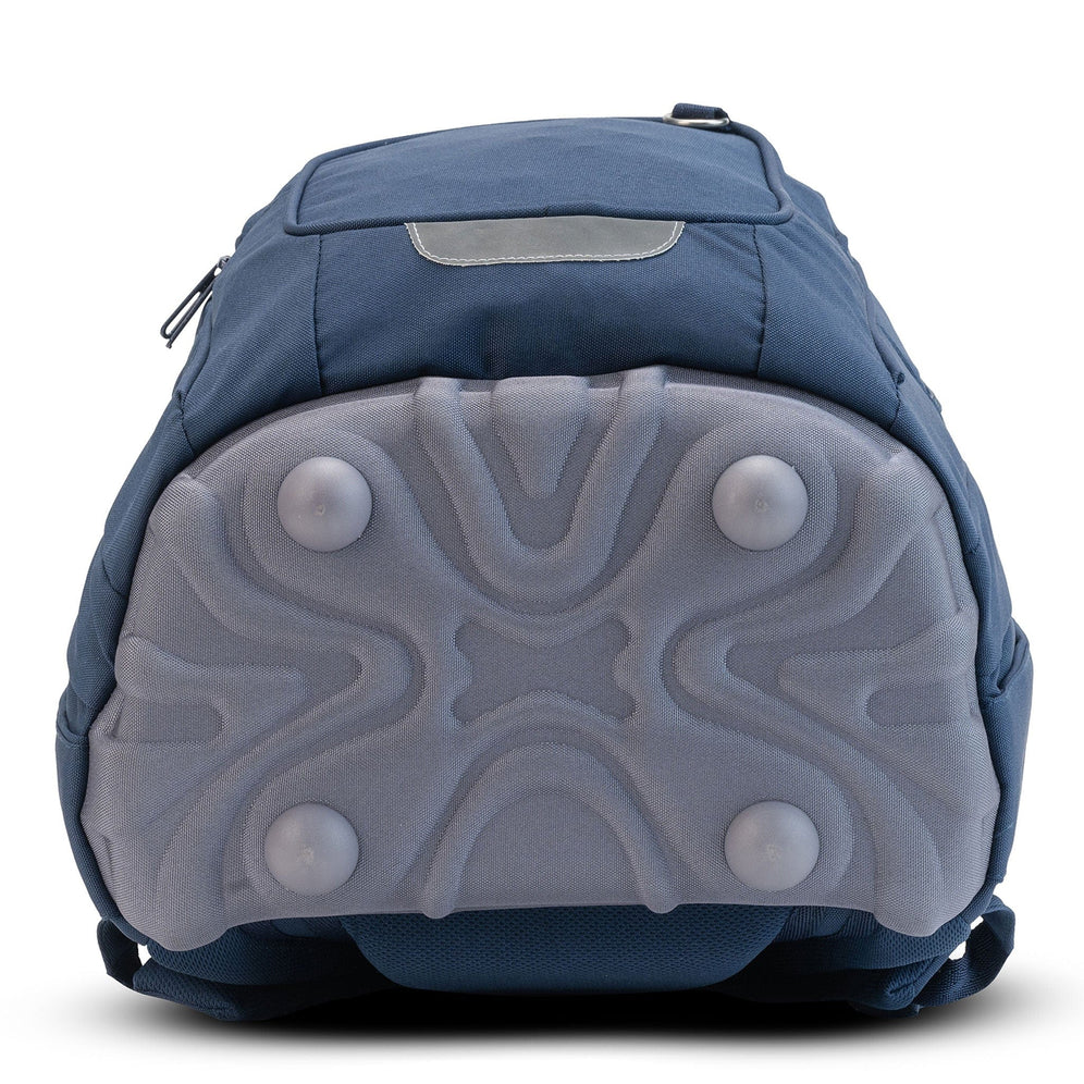 Moulded base detail of a navy Totem school bag with four rounded feet for upright stability.