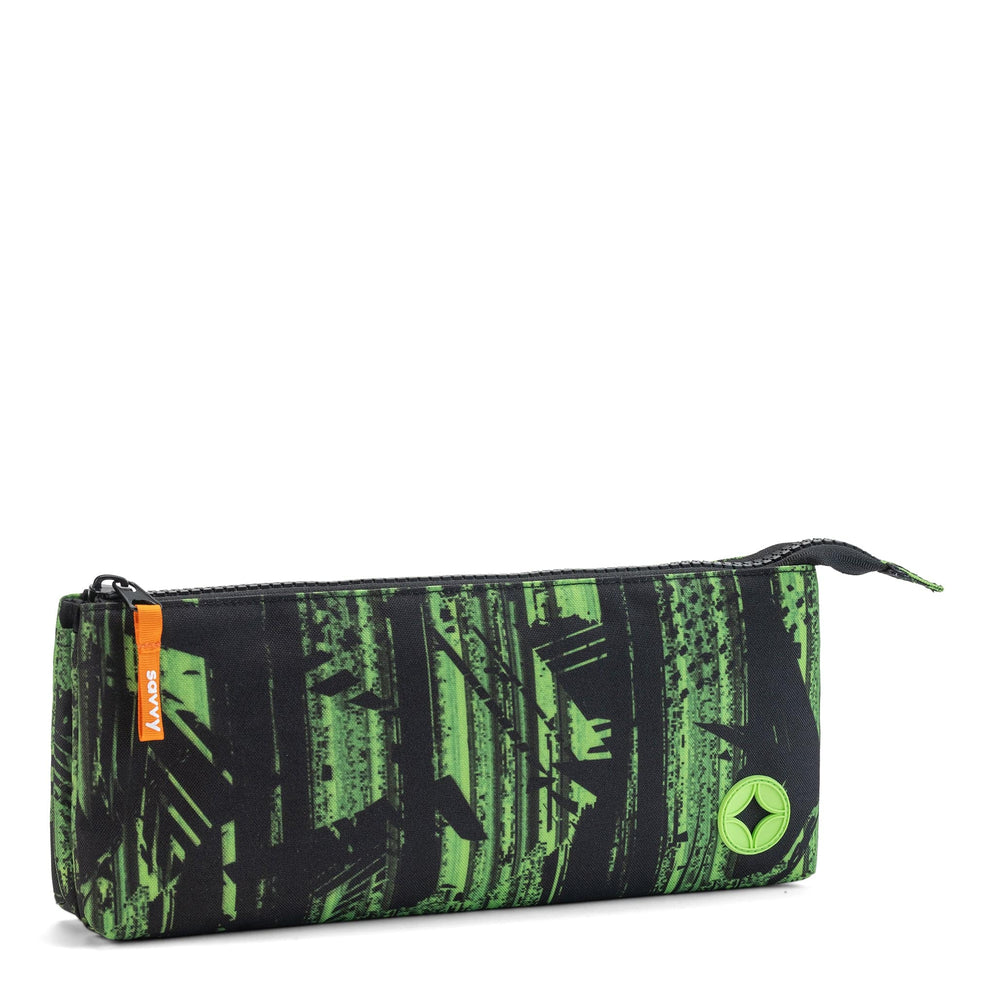 A slim pencil case in green-on-black print with orange zip pull.