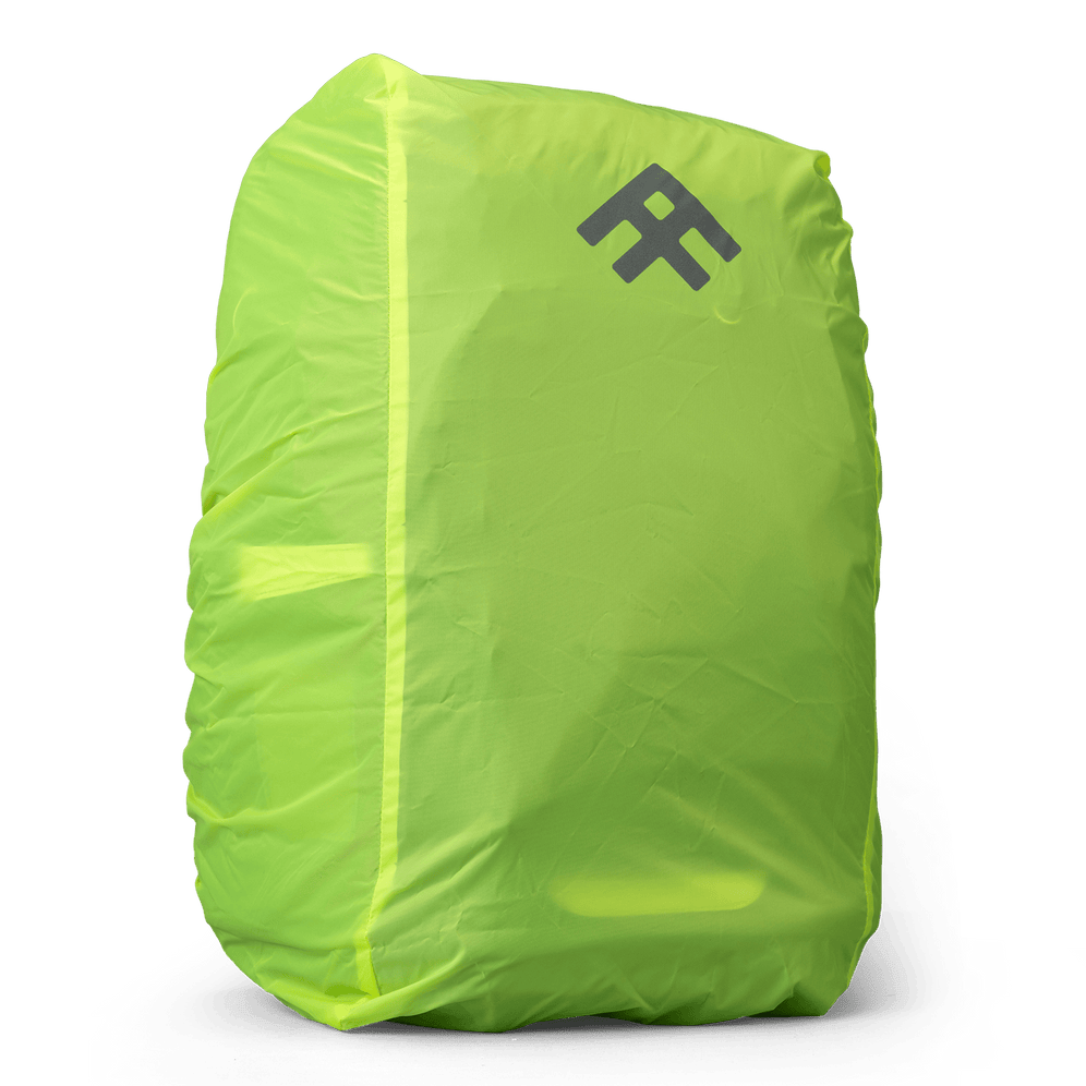 A fluorescent yellow school bag rain cover with the Totem logo for visibility and weather protection.