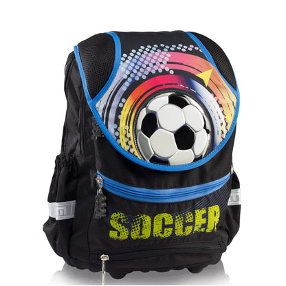 Totem's Deluxe Footi schoolbag, which is a soccer themed backpack with a large footbal on the flap and the word "Soccer" printed on the front