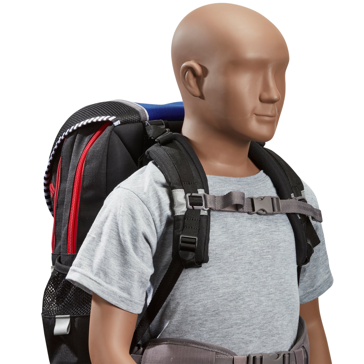 A grey waist and chest strap to help take the load off of your back and shoulders with a dummy doll wearing the strap attached to a bag.