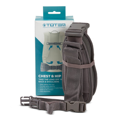 A grey waist and chest strap to help take the load off of your back and shoulders.