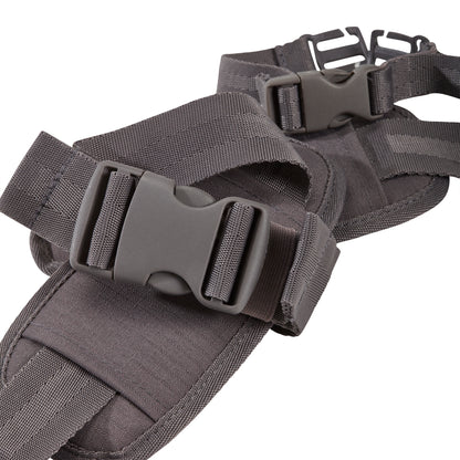 A close up image of a grey waist and chest strap to help take the load off of your back and shoulder.