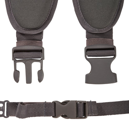 A close up image of a grey waist and chest strap to help take the load off of your back and shoulder.